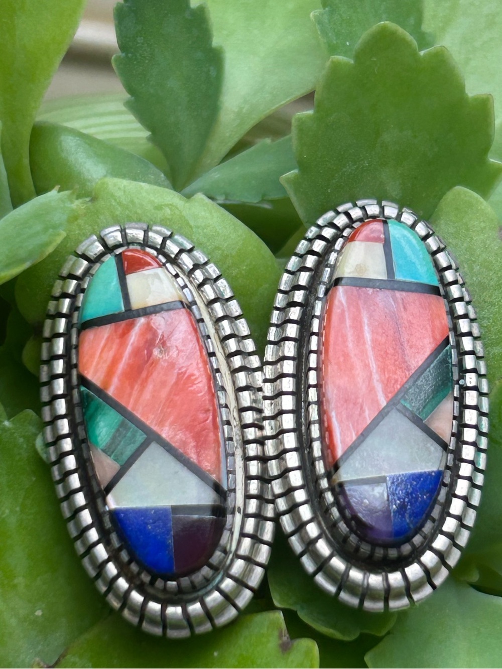 Sterling silver inlay gem Stones  Coral Natural Opal, Orange Spin clip earrings